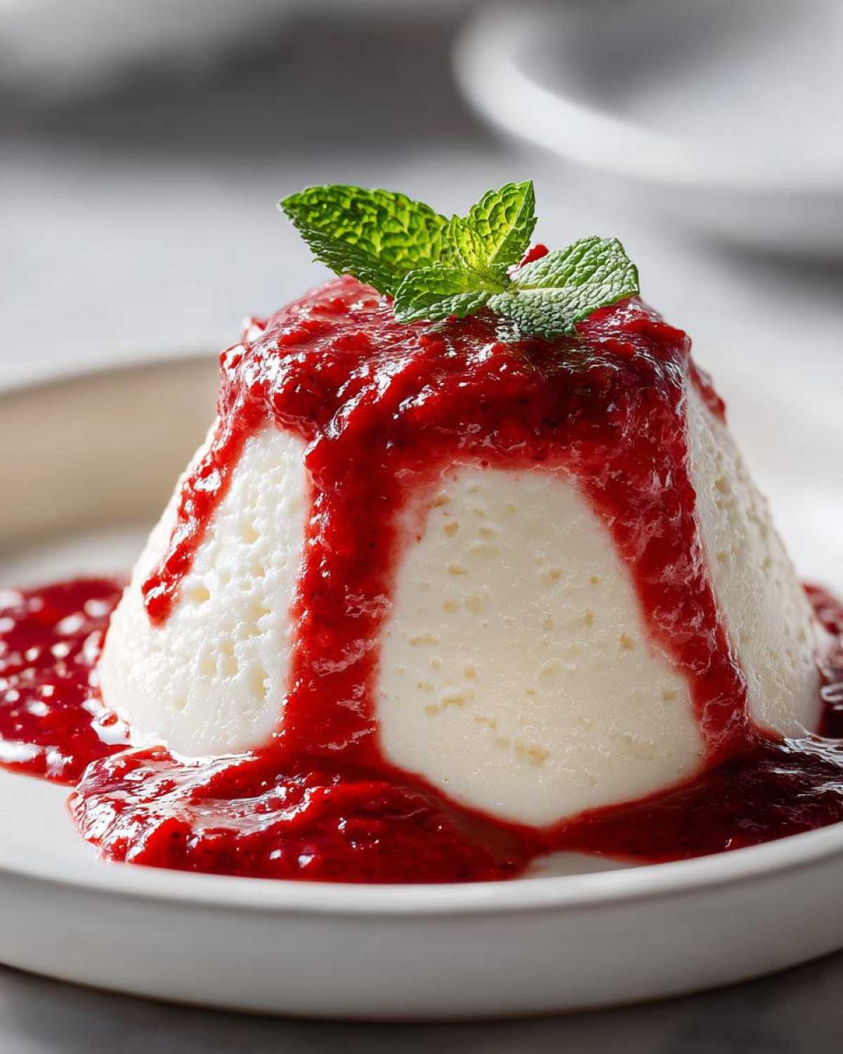 Kremowa Panna Cotta polana intensywnym sosem malinowym i udekorowana listkami świeżej mięty.