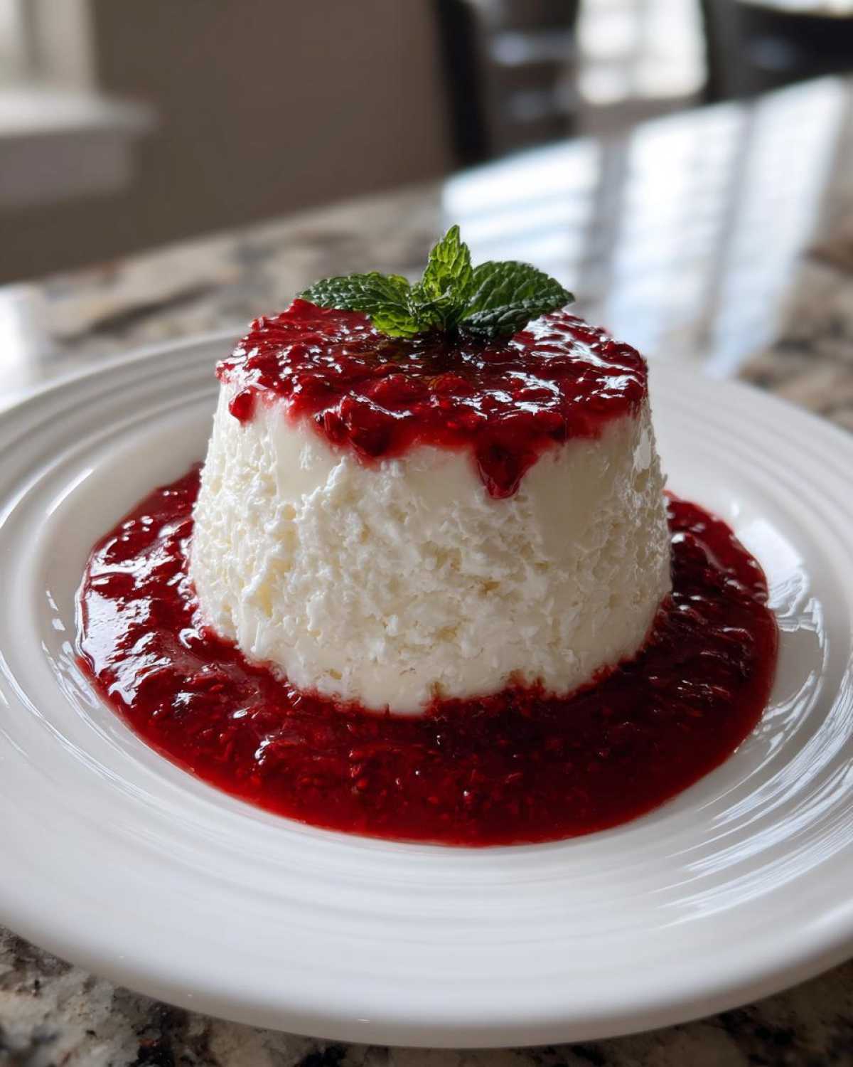 Kremowa Panna Cotta polana intensywnym sosem malinowym i udekorowana listkami mięty.
