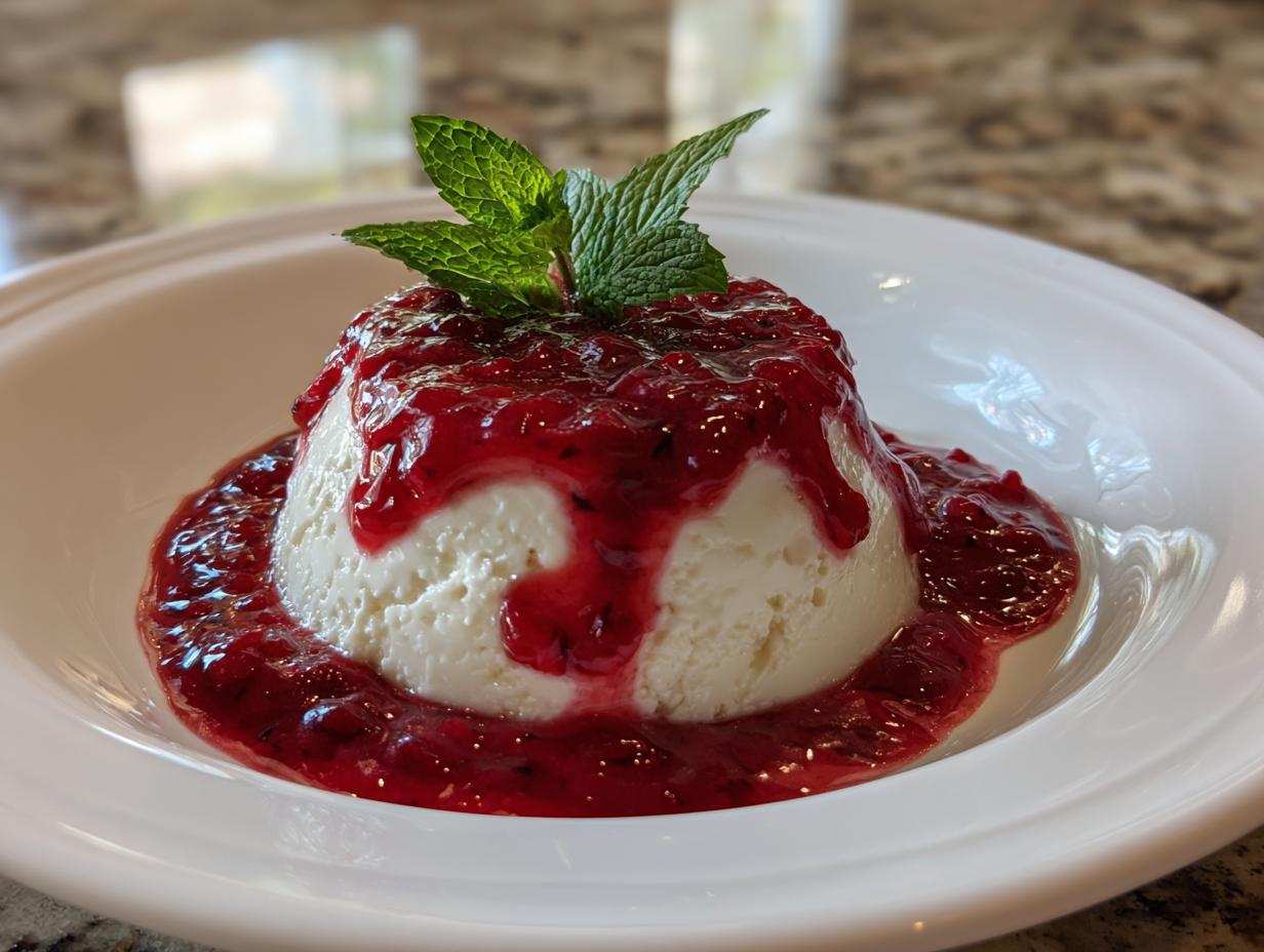 Kremowa Panna Cotta polana gęstym, czerwonym sosem owocowym i udekorowana listkami mięty.
