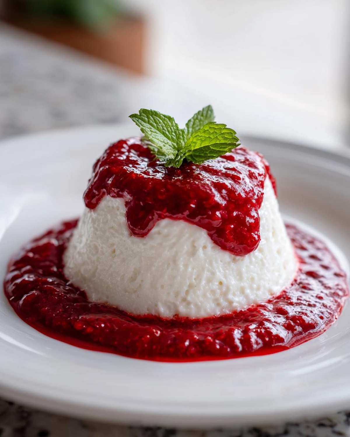 Kremowa panna cotta polana intensywnym sosem malinowym i udekorowana listkami mięty.