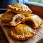 Stos złocistych pasztecików z grzybami, jeden przekrojony ukazujący ciemne, aromatyczne nadzienie.