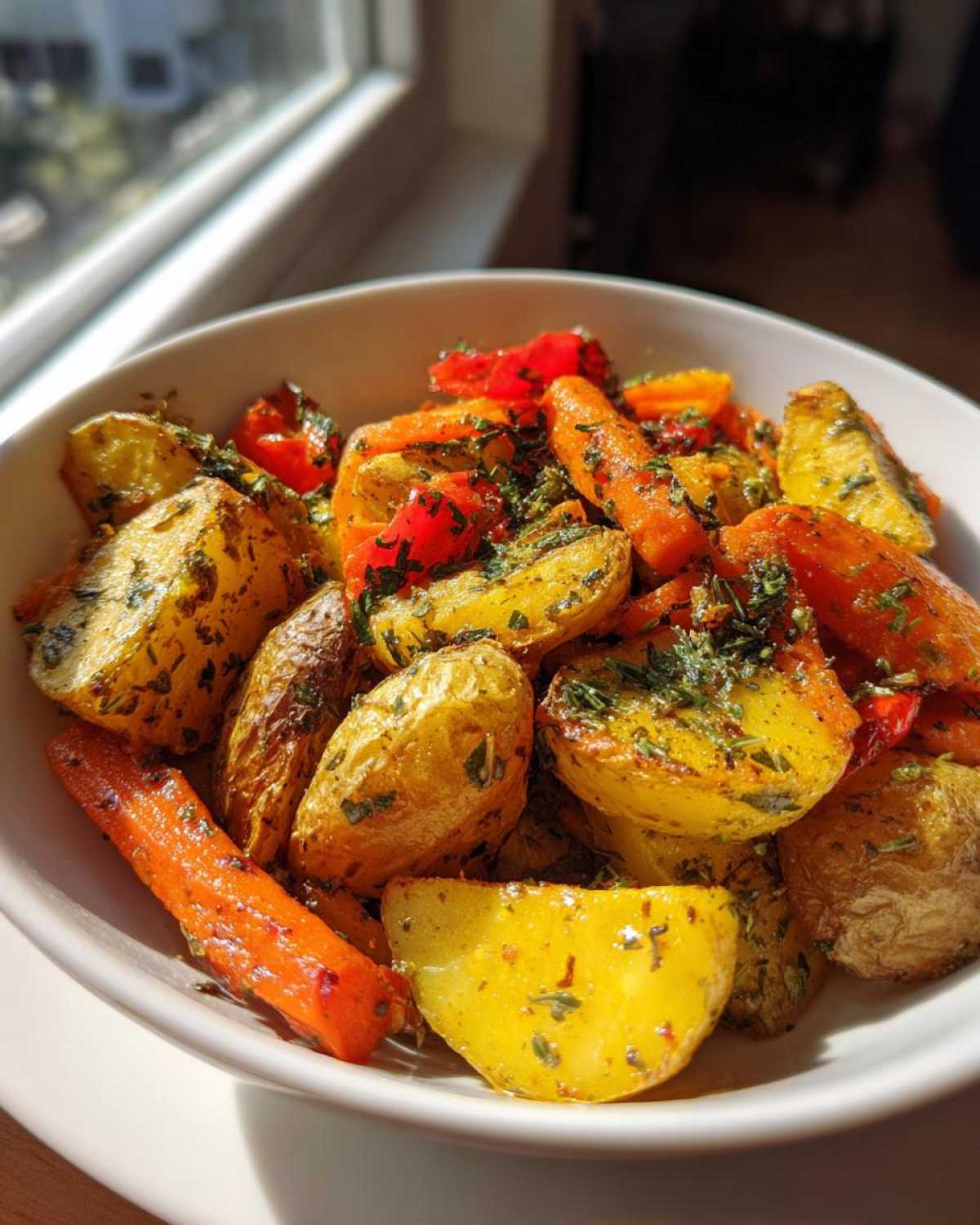 Zbliżenie na miskę pełną złocistych, pieczonych ziemniaków i marchewek z obfitym posypaniem ziołami.