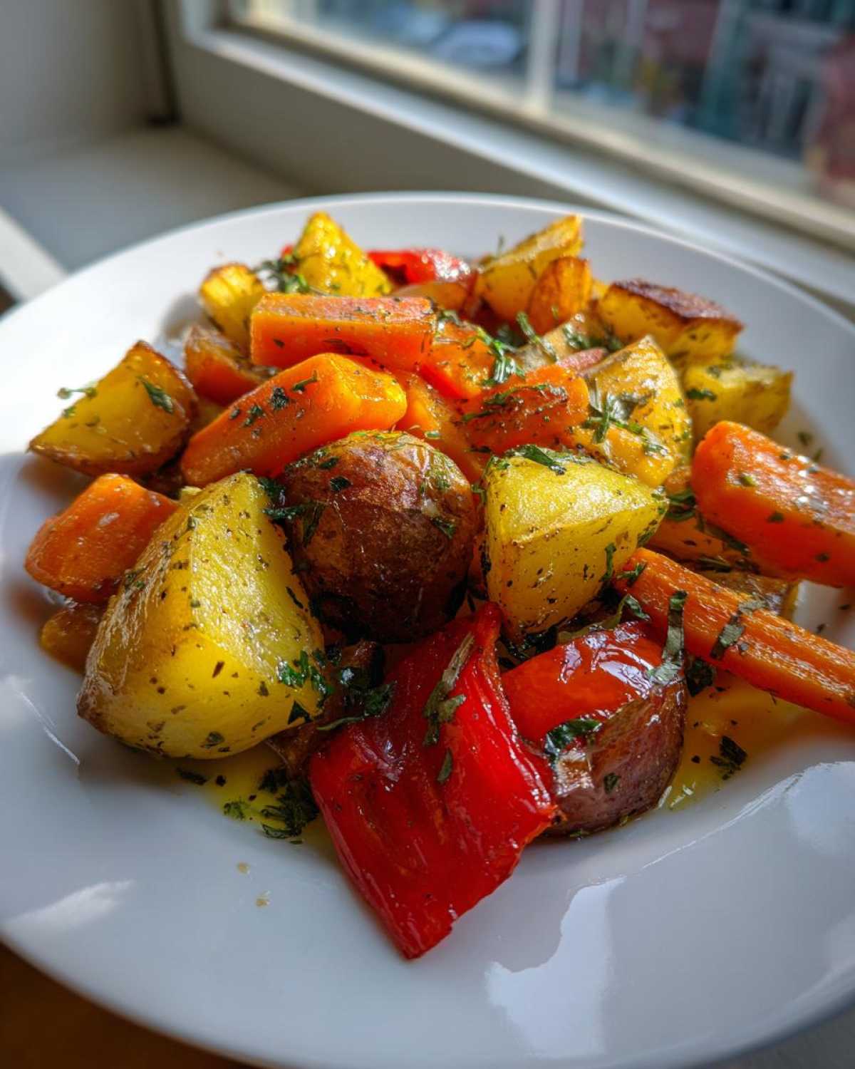 Zbliżenie na porcję Pieczone warzywa z ziołami: ziemniaki, marchew i papryka polane oliwą.