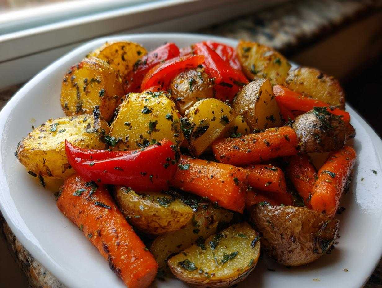 Zbliżenie na porcję pieczone warzywa z ziołami: złociste ziemniaki, marchewki i czerwona papryka.