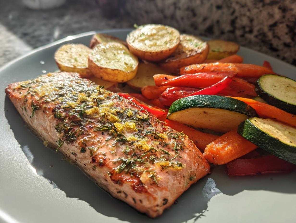 Apetyczny kawałek pieczony łosoś z warzywami: marchewką, cukinią i ziemniakami na szarym talerzu.