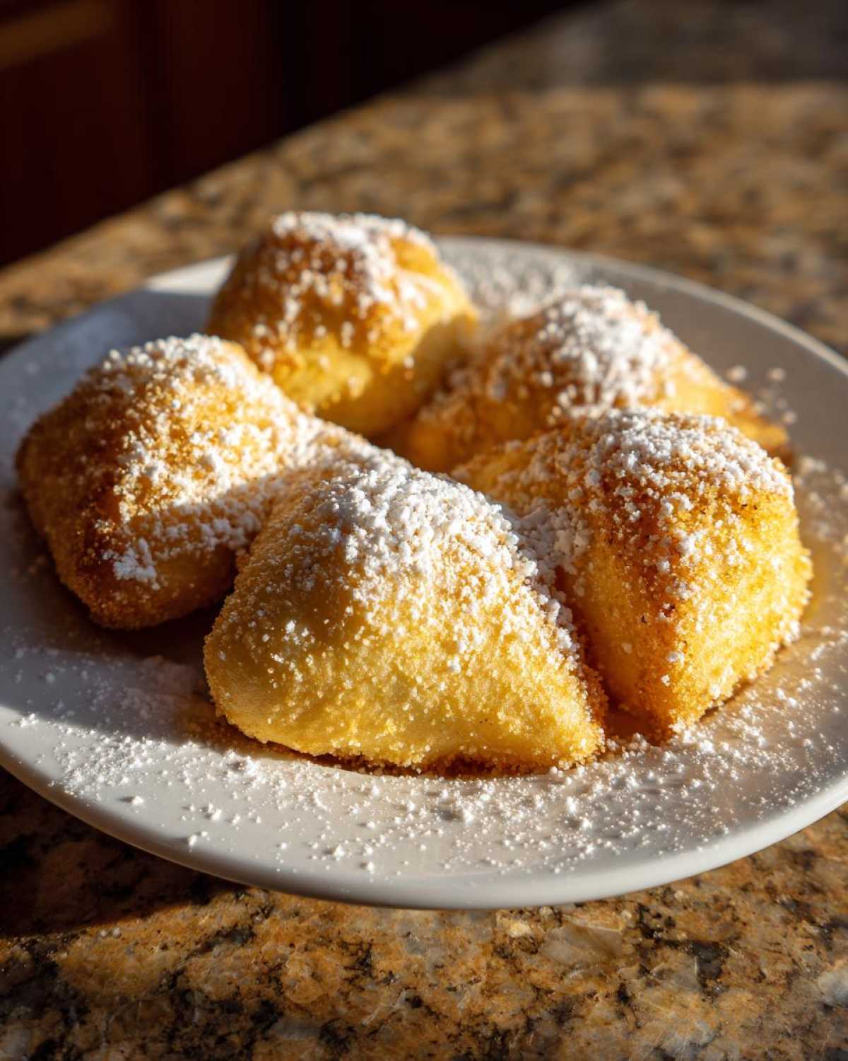 Zbliżenie na talerz z gotowymi Pierogi leniwe z bułką tartą, obficie posypane cukrem pudrem.
