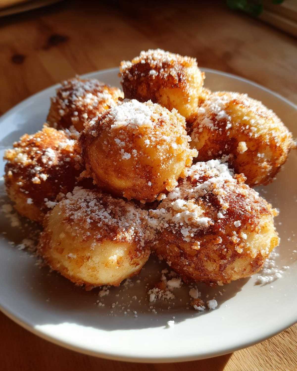 Kilka złotych, okrągłych Pierogi leniwe z bułką tartą posypane cukrem pudrem na jasnym talerzu.