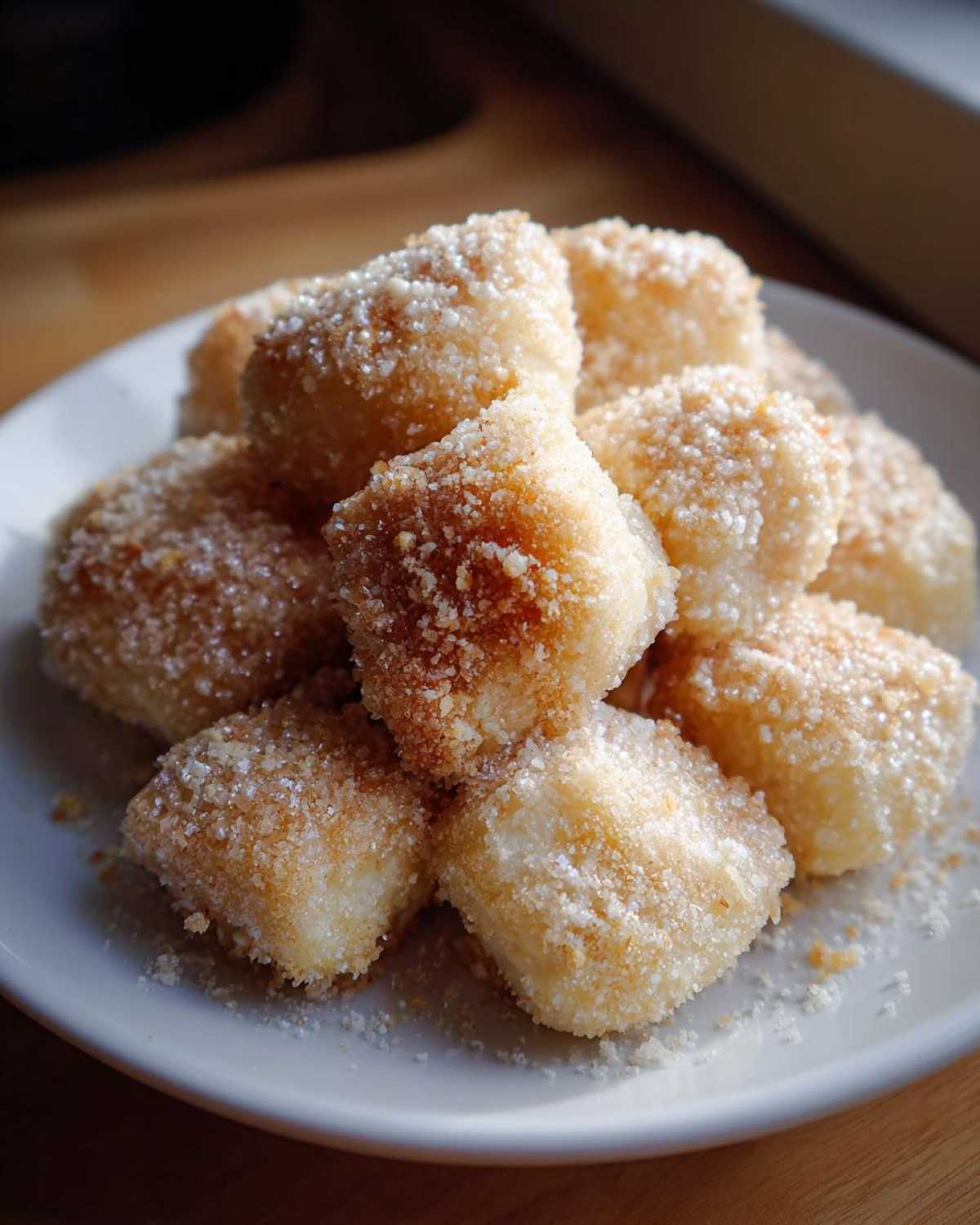 Zbliżenie na stos puszystych pierogów leniwych z bułką tartą i cukrem na białym talerzu.