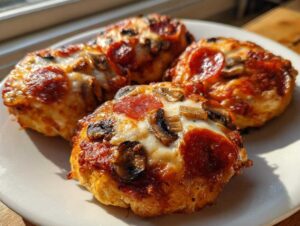 Cztery małe, okrągłe pizzerinki z roztopionym serem, pepperoni i pieczarkami na białym talerzu.