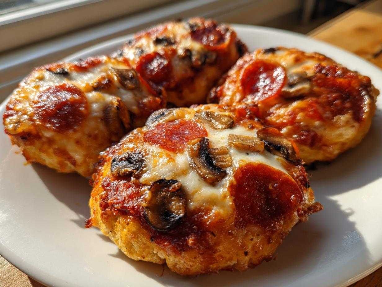 Cztery małe, okrągłe pizzerinki z roztopionym serem, pepperoni i pieczarkami na białym talerzu.