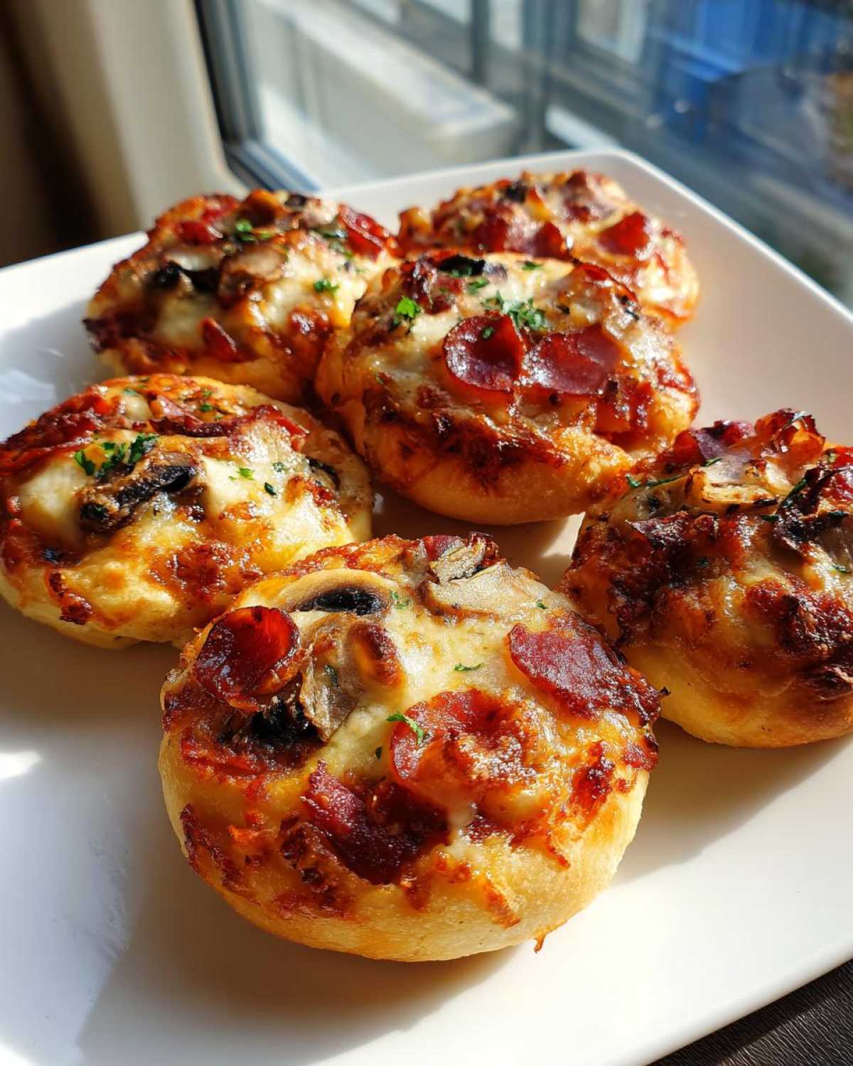 Zbliżenie na talerz z sześcioma małymi, zapieczonymi pizzerinkami z serem, pepperoni i pieczarkami.