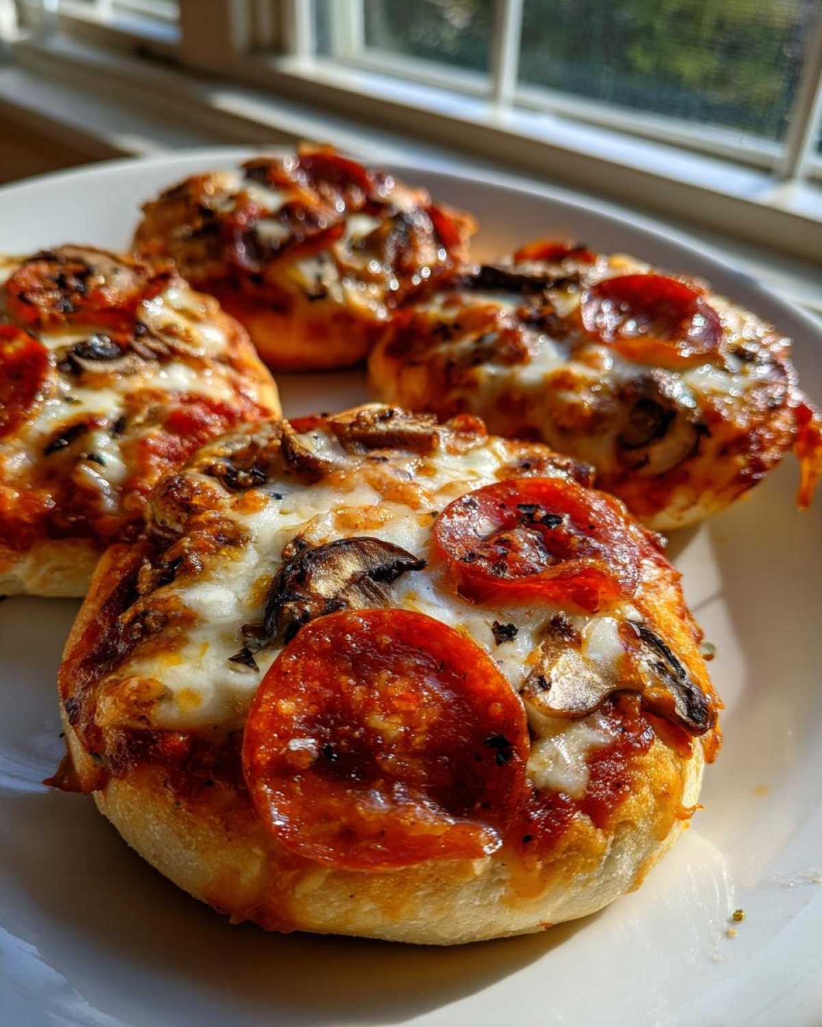 Zbliżenie na małe, okrągłe pizzerinki z serem, pepperoni i pieczarkami, podane na białym talerzu.