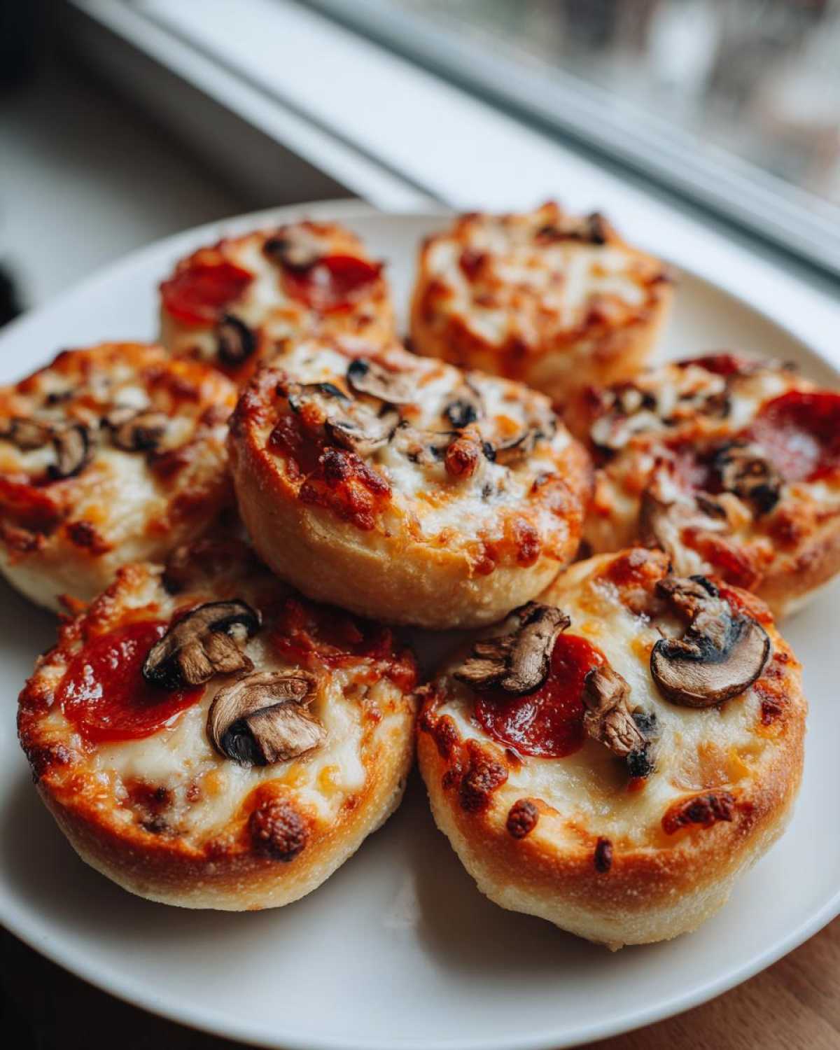 Zbliżenie na talerz z kilkoma małymi, okrągłymi Pizzerinki z serem, pieczarkami i pepperoni.