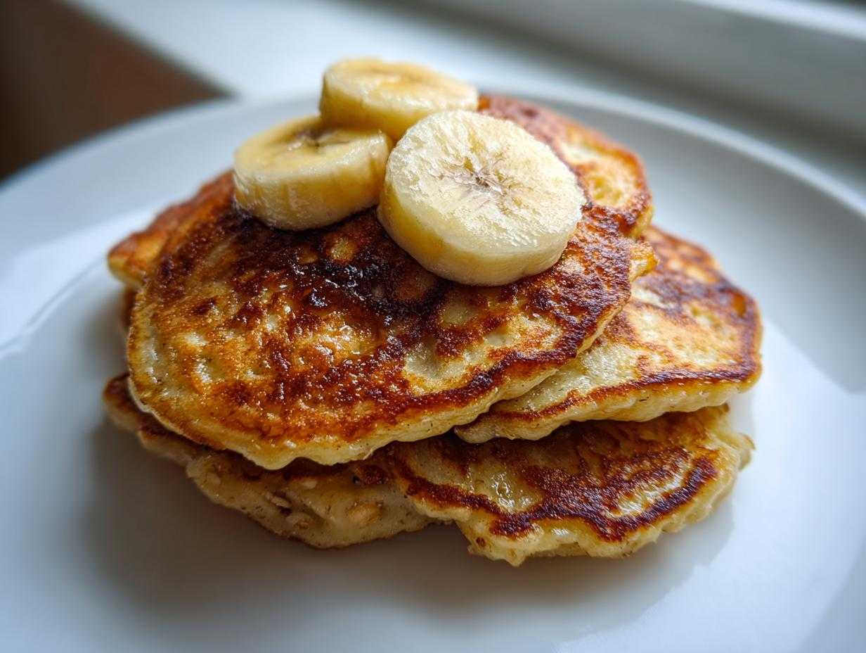 Zbliżenie na stos usmażonych placki bananowe fit, polanych syropem i udekorowanych plasterkami świeżego banana.