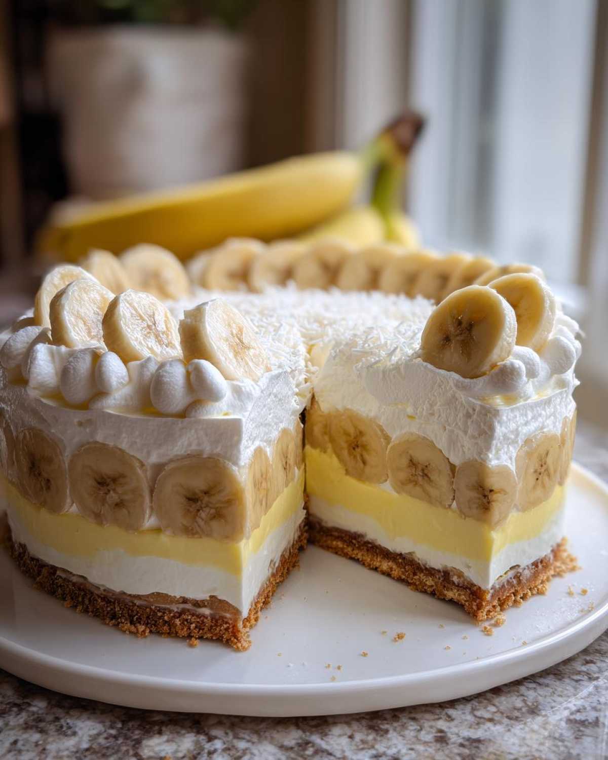Przekrojone ciasto Bananowa chmurka z warstwami kremu, bananów i spodem z herbatników.