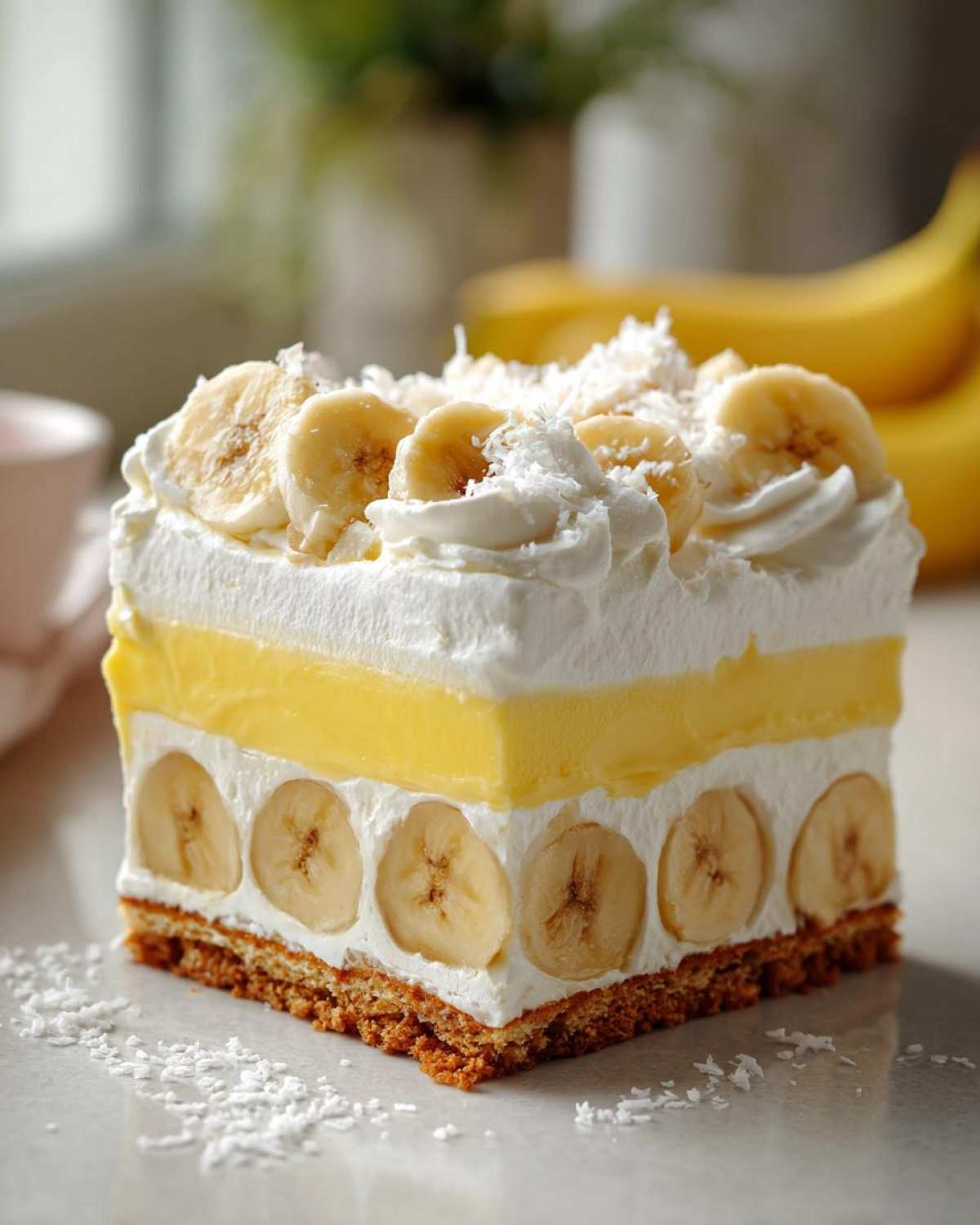 Kawałek puszystej Bananowej chmurki z warstwami kremu, banana i polewą kokosową.