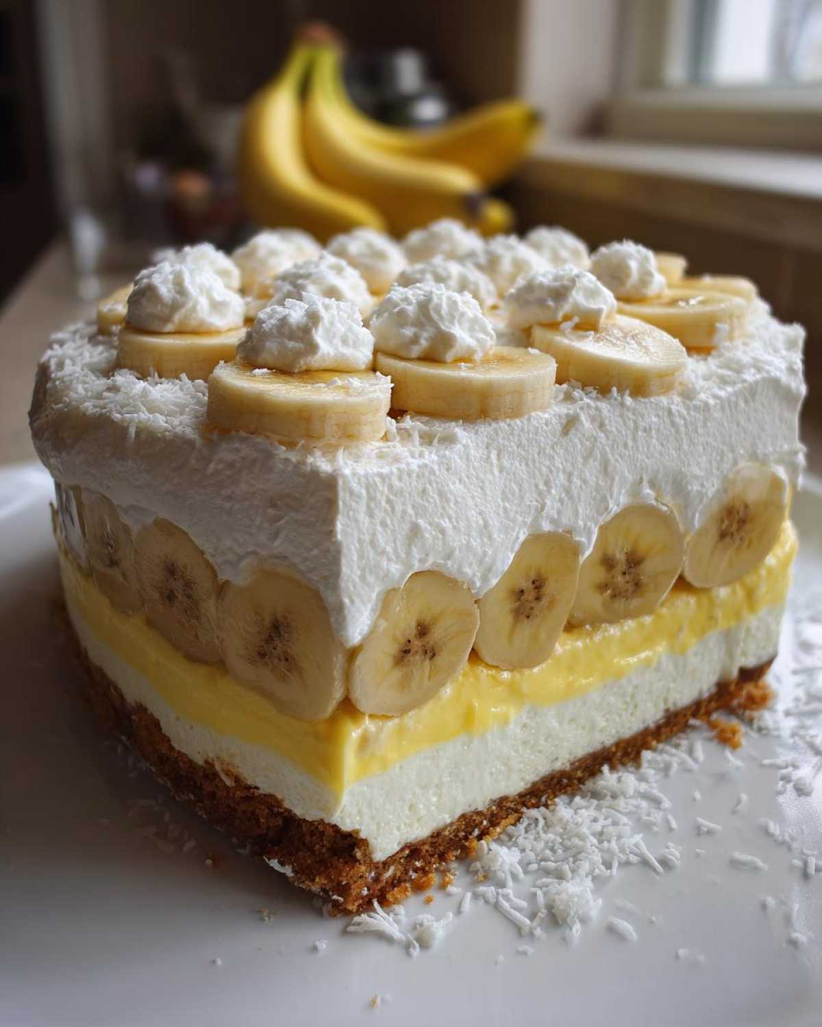 Przekrój warstwowego ciasta Bananowa chmurka z bananami, kremem budyniowym i bitą śmietaną.