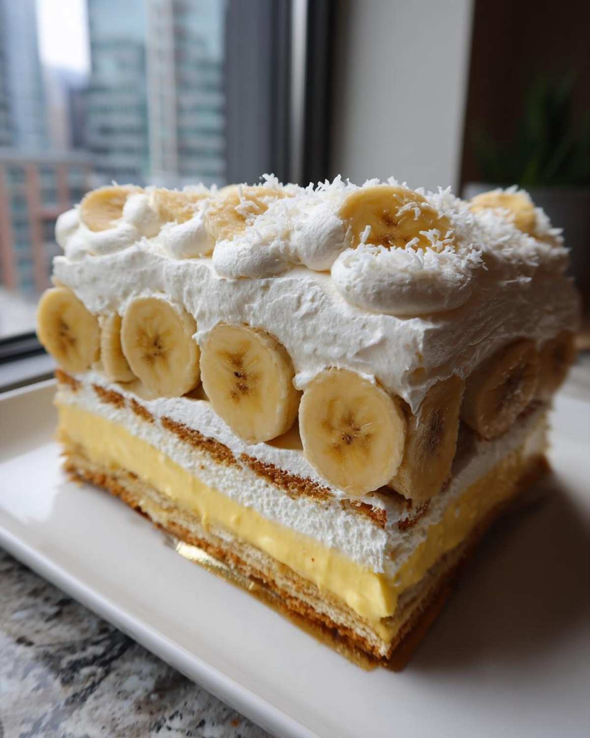 Przekrój ciasta Bananowa chmurka z warstwami kremu budyniowego, bitej śmietany i plasterkami banana.