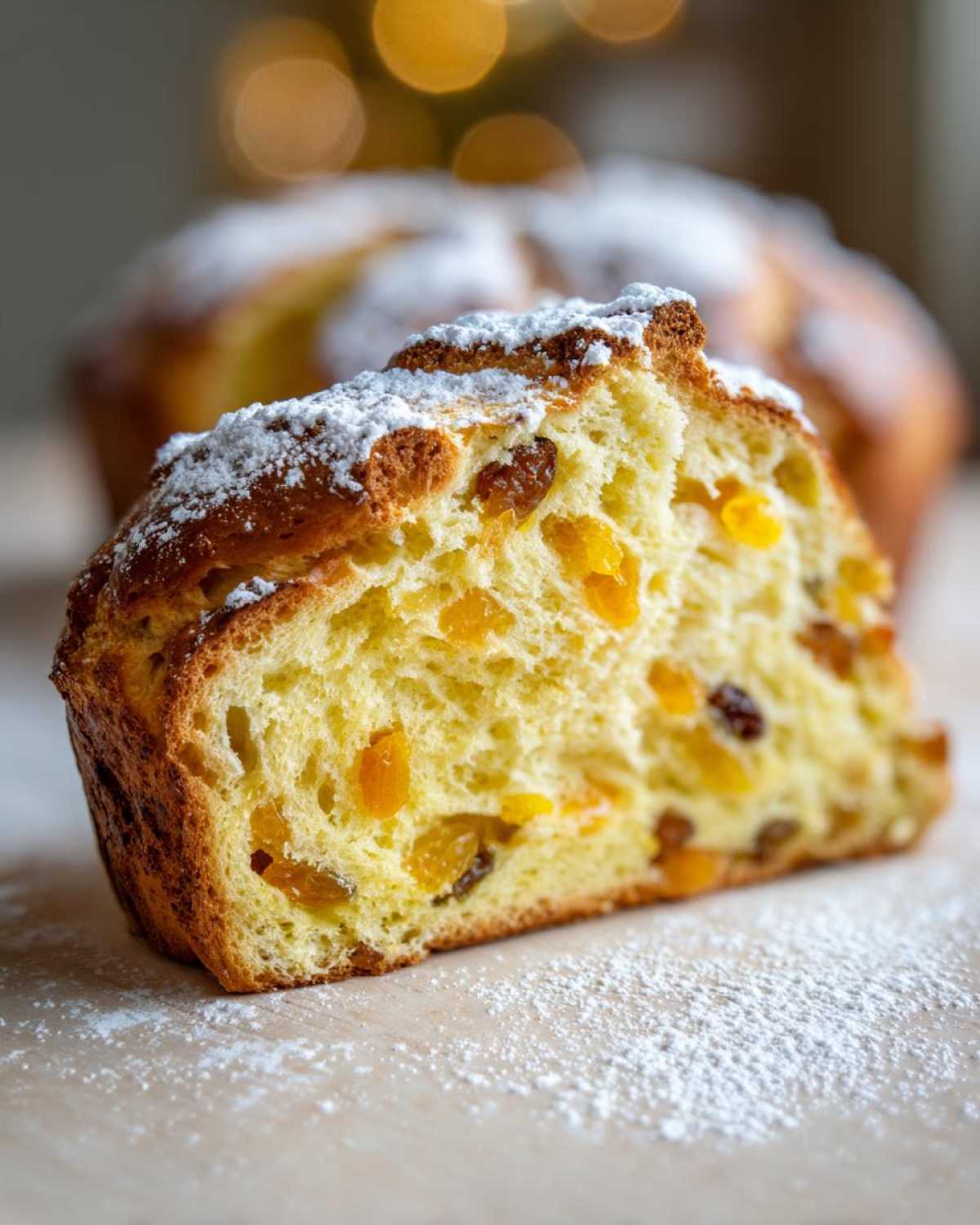 Zbliżenie na przekrój puszystego Ciasta Trzech Króli posypanego cukrem pudrem, widoczne kandyzowane owoce i rodzynki.