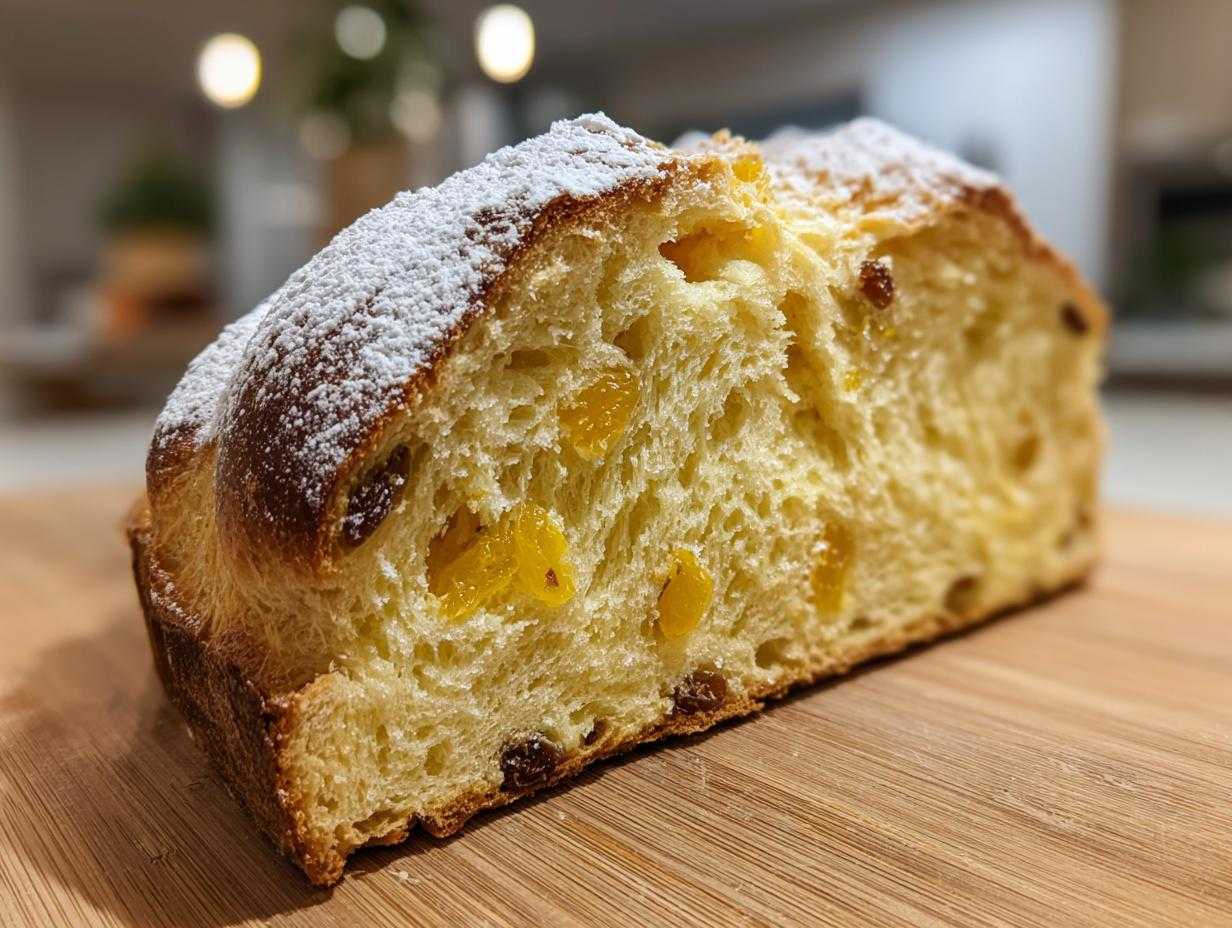 Zbliżenie na puszysty przekrój Ciasta Trzech Króli posypanego cukrem pudrem, widoczne kandyzowane owoce i rodzynki.