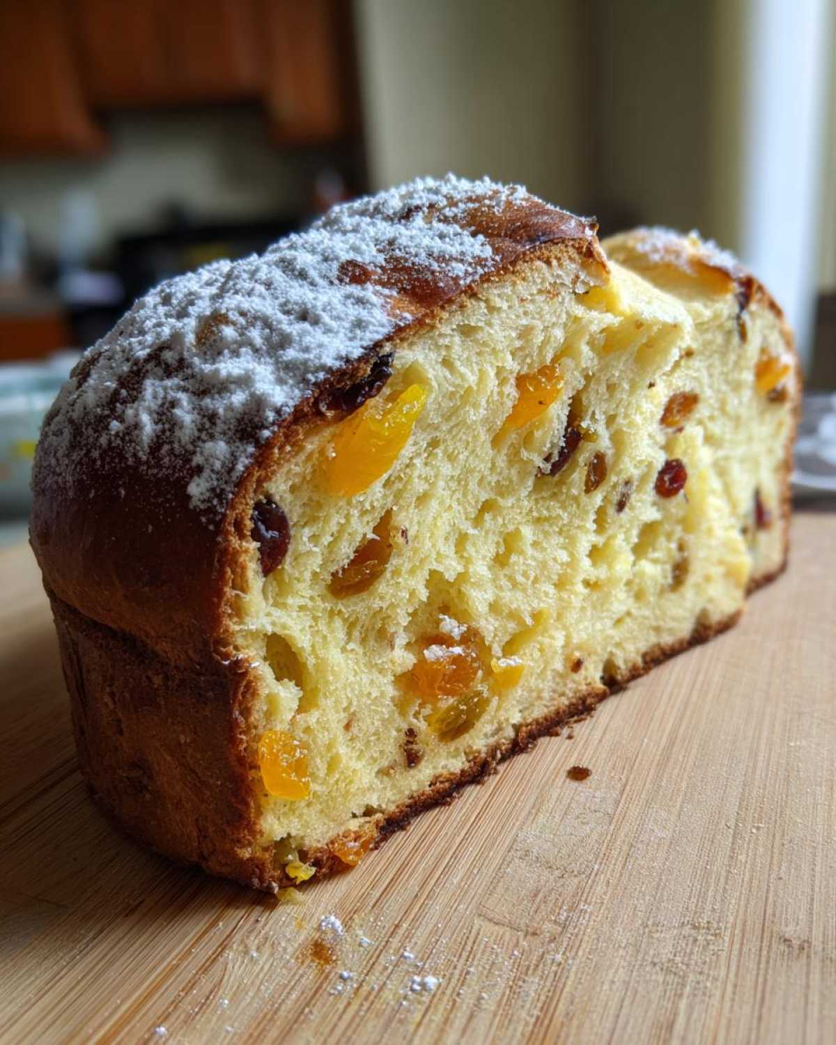 Przekrojony kawałek puszystego Ciasta Trzech Króli z widocznymi kawałkami suszonych moreli i rodzynek, posypany cukrem pudrem.