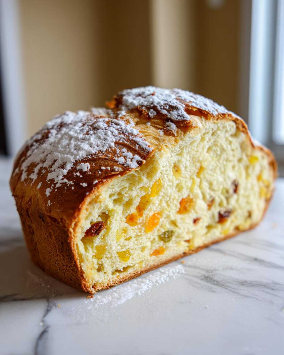 Przekrojone Ciasto Trzech Króli z widocznymi kawałkami suszonych owoców, posypane cukrem pudrem.