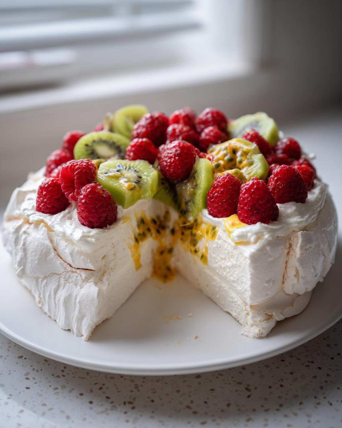 Przekrój puszystej Bezy Pavlova udekorowanej bitą śmietaną, malinami, kiwi i marakują.