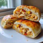 Przekrojone na pół puszyste Bułeczki gyros wypełnione kawałkami kurczaka, kukurydzą i ciągnącym się serem.