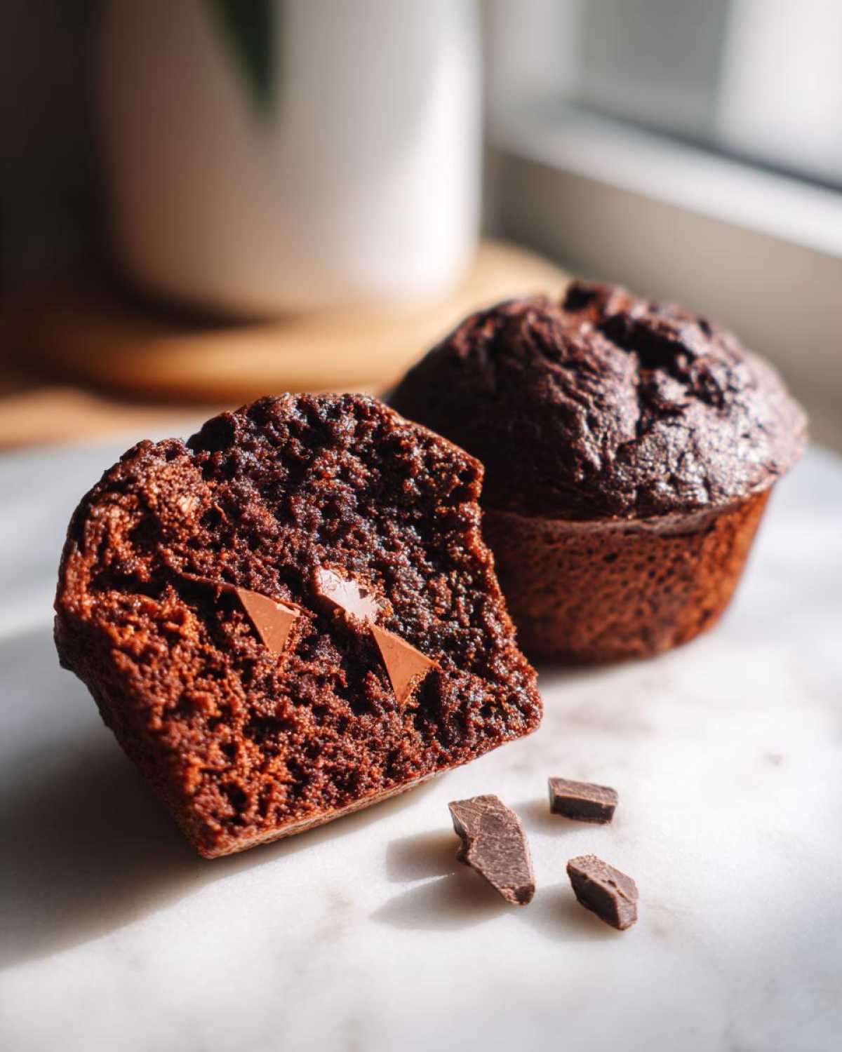 Przekrój wilgotnych muffiny czekoladowe pokazujący kawałki czekolady w środku, obok leży cały muffin.