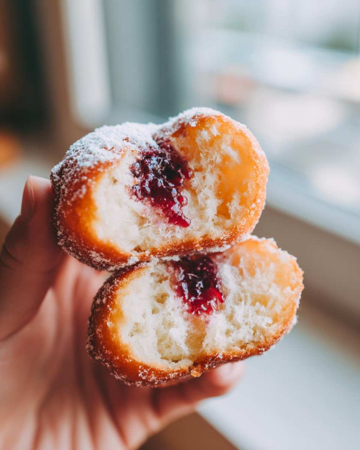 Dwa połówki pączka z różą, trzymane w dłoni, ukazujące puszyste ciasto i ciemnoczerwony dżem różany.