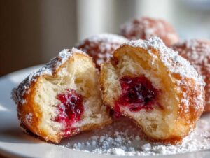 Zbliżenie na przekrojone pączki z różą, widoczne puszyste ciasto i intensywnie czerwony dżem różany, posypane cukrem pudrem.