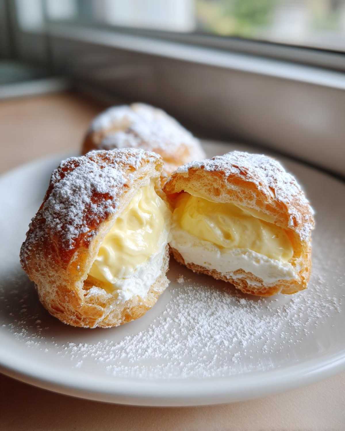 Zbliżenie na przekrojone Ptysie z kremem, wypełnione waniliowym kremem i bitą śmietaną, posypane cukrem pudrem.