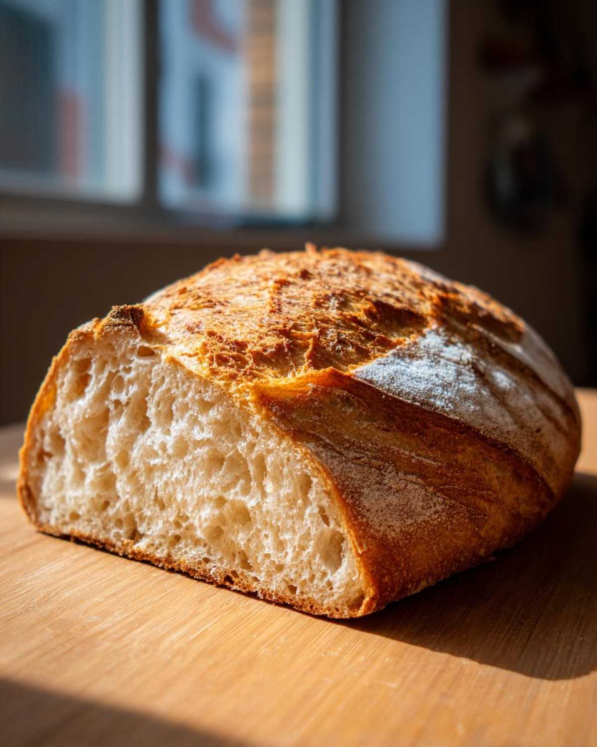 Przekrojony na pół bochenek Chleb domowy z chrupiącą skórką i puszystym wnętrzem na drewnianej desce.