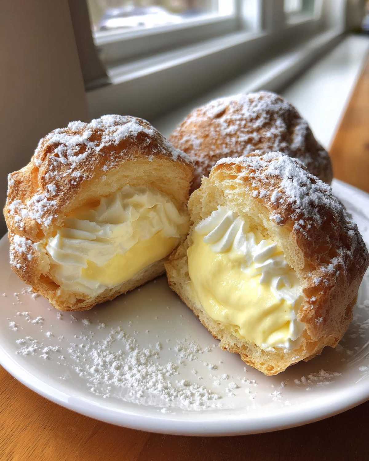 Przekrojone Ptysie z kremem wypełnione kremem budyniowym i bitą śmietaną, posypane cukrem pudrem.