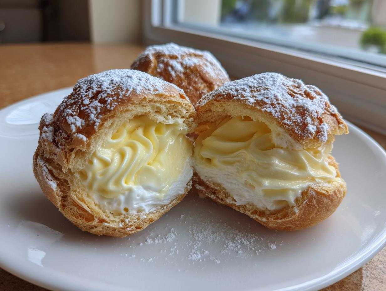 Przekrojone ptysie z kremem wypełnione waniliowym kremem i bitą śmietaną, posypane cukrem pudrem.