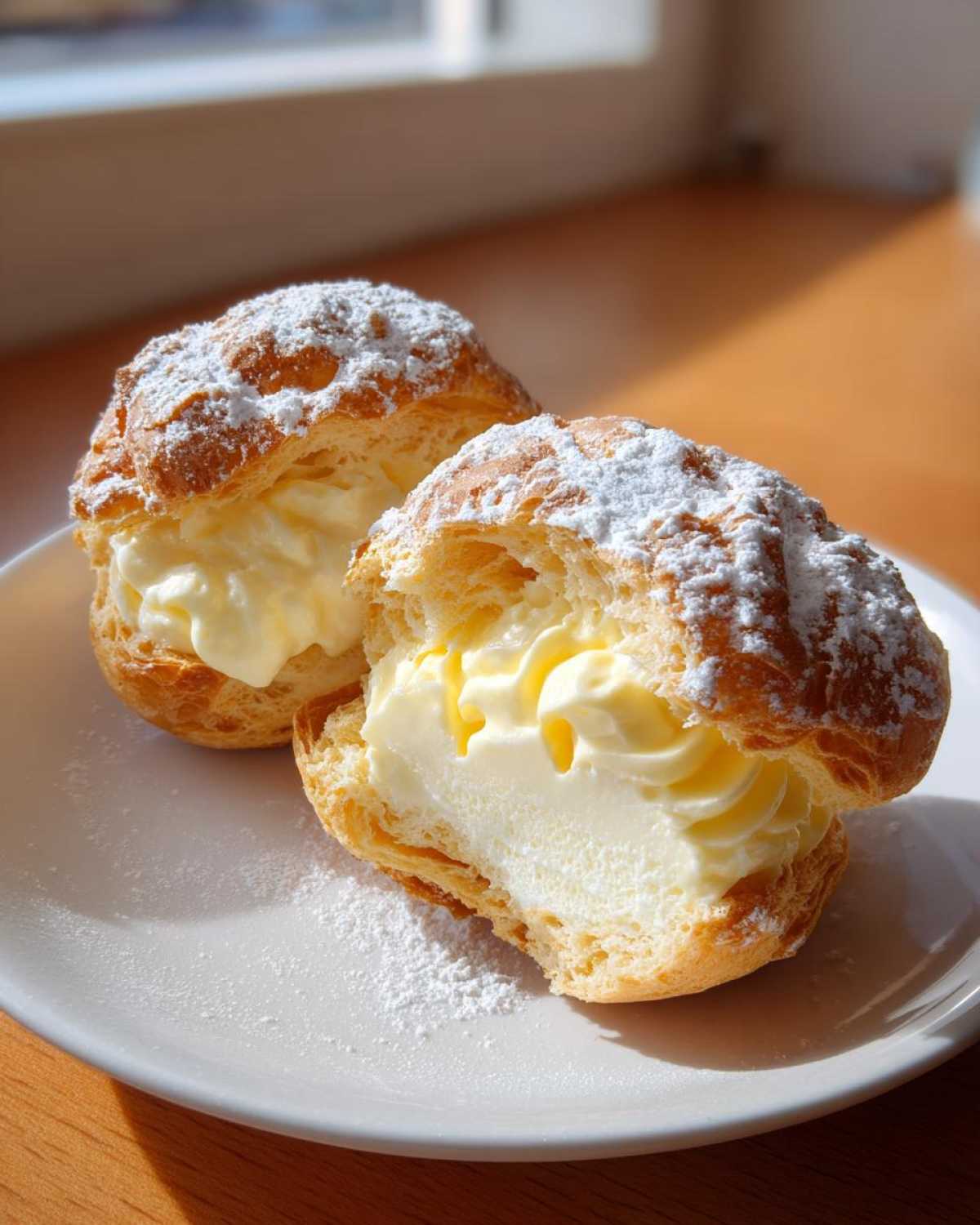 Dwa przekrojone Ptysie z kremem wypełnione jasnym, puszystym kremem i posypane cukrem pudrem.