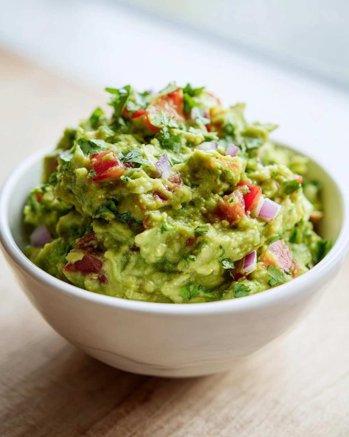 Zbliżenie na miskę pełną świeżego, zielonego Guacamole klasyczne z kawałkami pomidora i czerwonej cebuli.