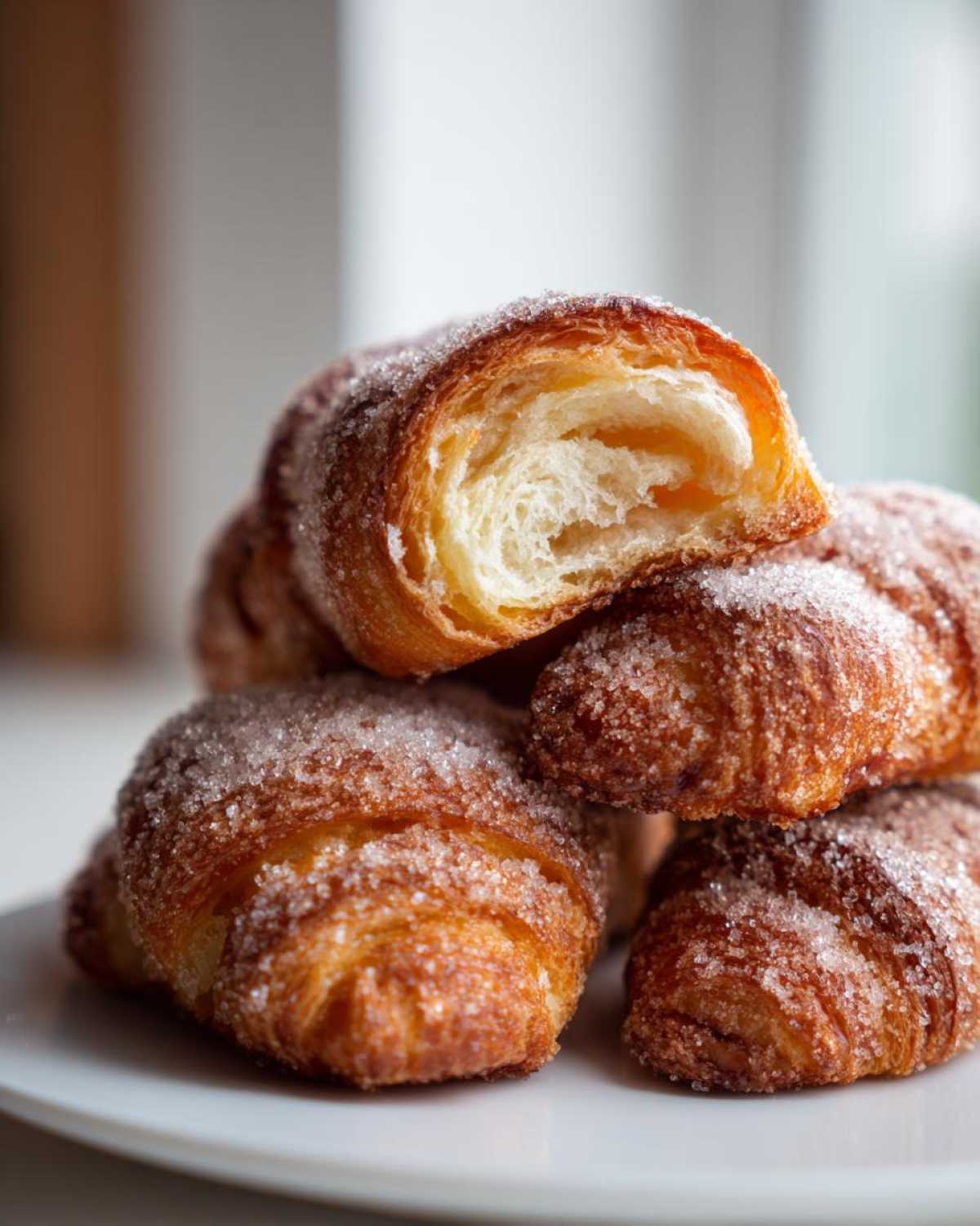 Zbliżenie na stos puszystych Rogaliki drożdżowe, obficie posypane cukrem, z jednym przekrojonym na pół.