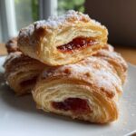 Zbliżenie na przekrojone puszyste Rogaliki drożdżowe posypane cukrem pudrem, widoczne warstwy ciasta i nadzienie z czerwonego dżemu.