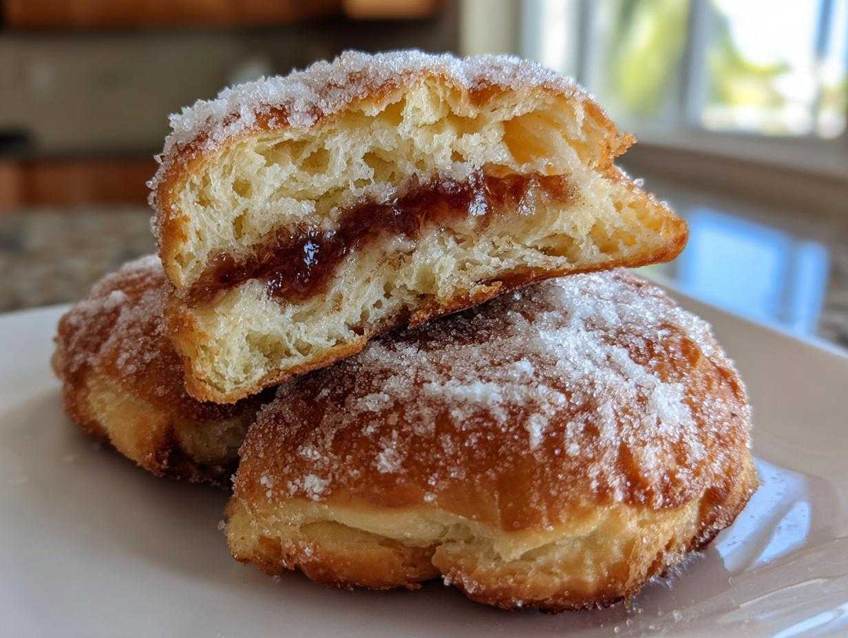 Zbliżenie na przekrojone puszyste Rogaliki drożdżowe posypane cukrem, widoczne nadzienie dżemowe.