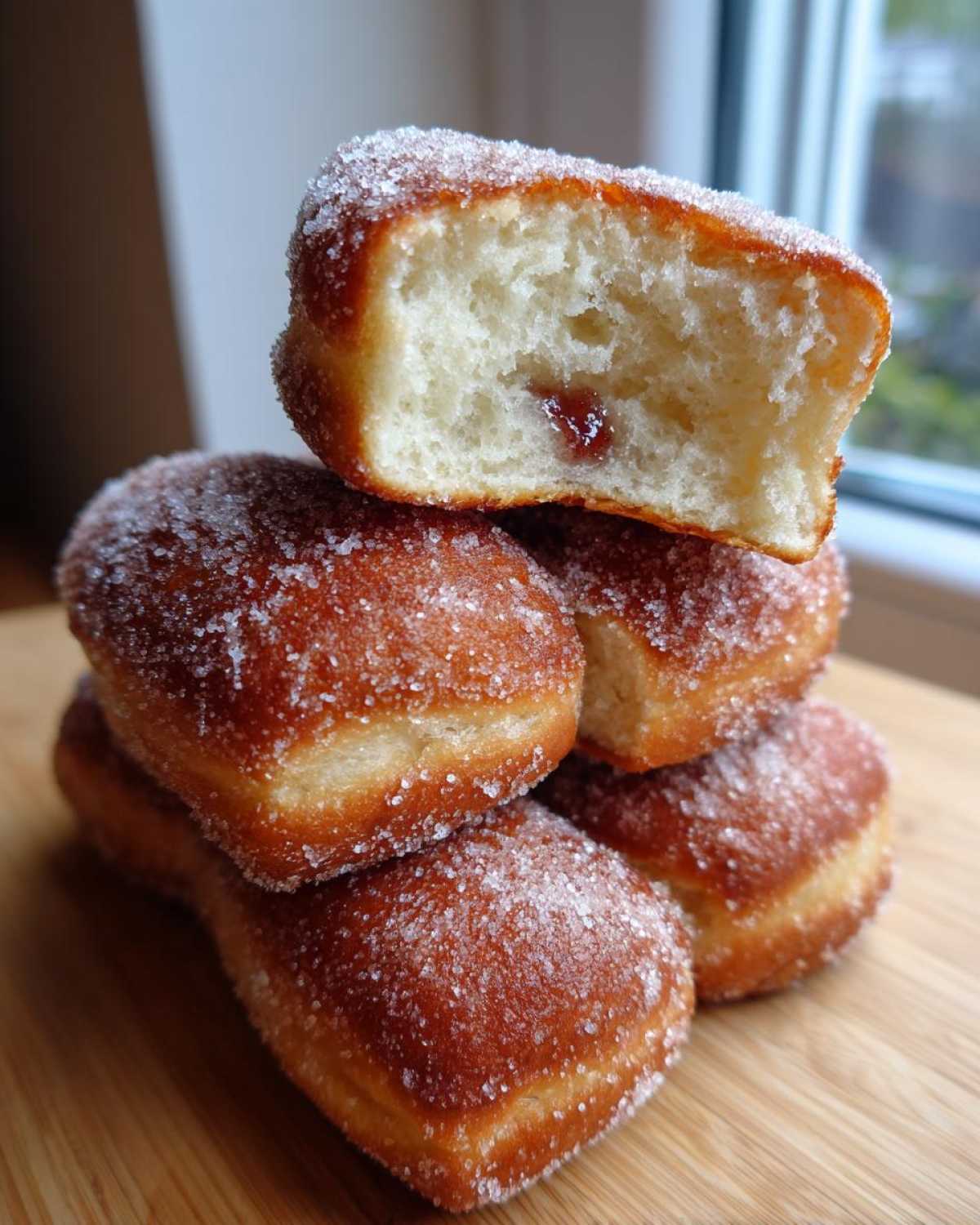 Stos puszystych rogalików drożdżowych obtoczonych w cukrze, jeden przekrojony pokazuje nadzienie.