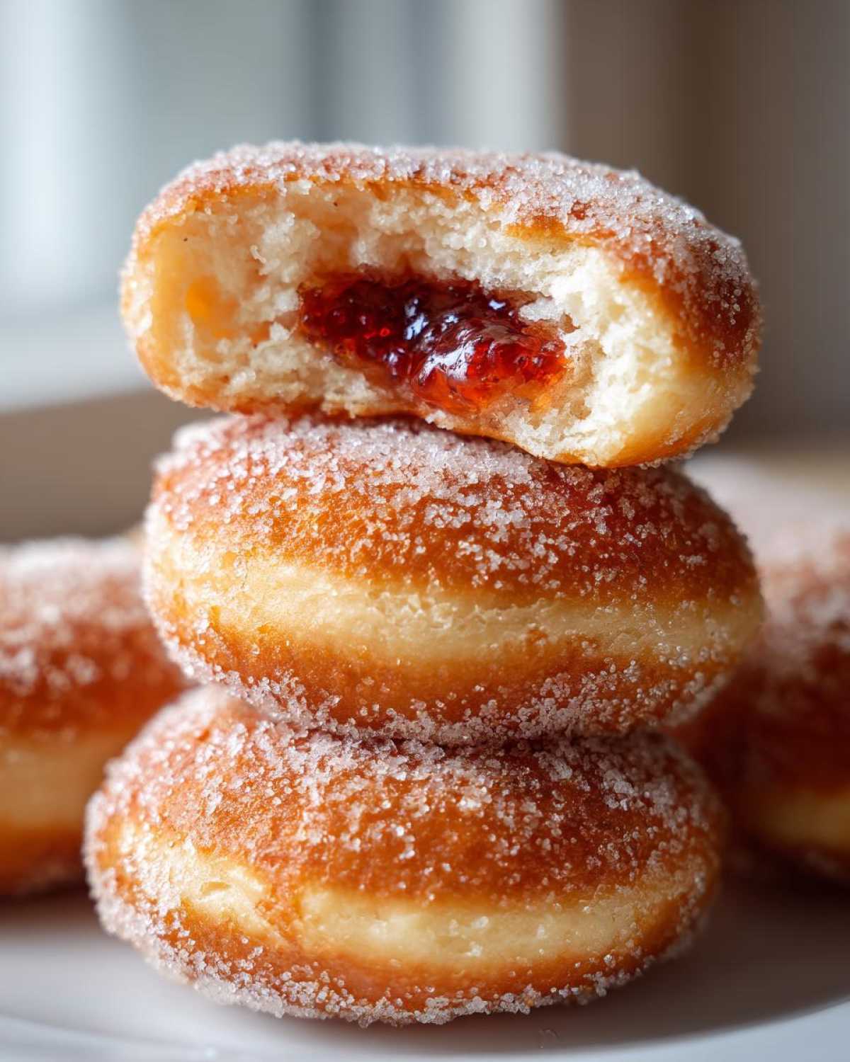 Zbliżenie na stos puszystych Rogaliki drożdżowe posypanych cukrem, jeden przekrojony ukazuje nadzienie z czerwonego dżemu.