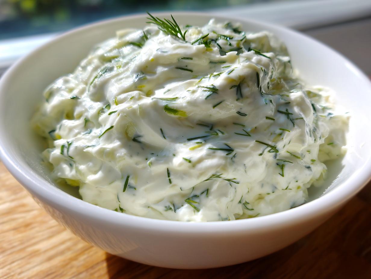 Zbliżenie na kremowy dip czosnkowy z kawałkami ogórka i dużą ilością świeżego koperku, podany w białej misce.