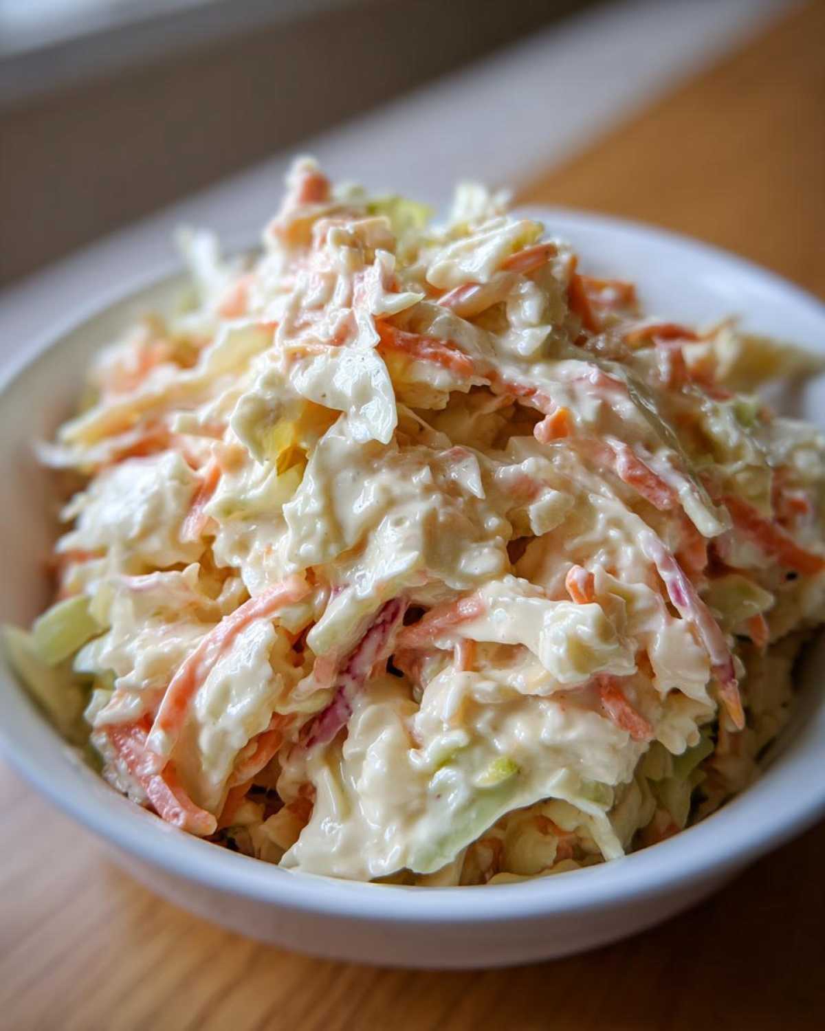 Zbliżenie na kremową Sałatka Coleslaw domowa z tartą marchewką i kapustą w białej misce.