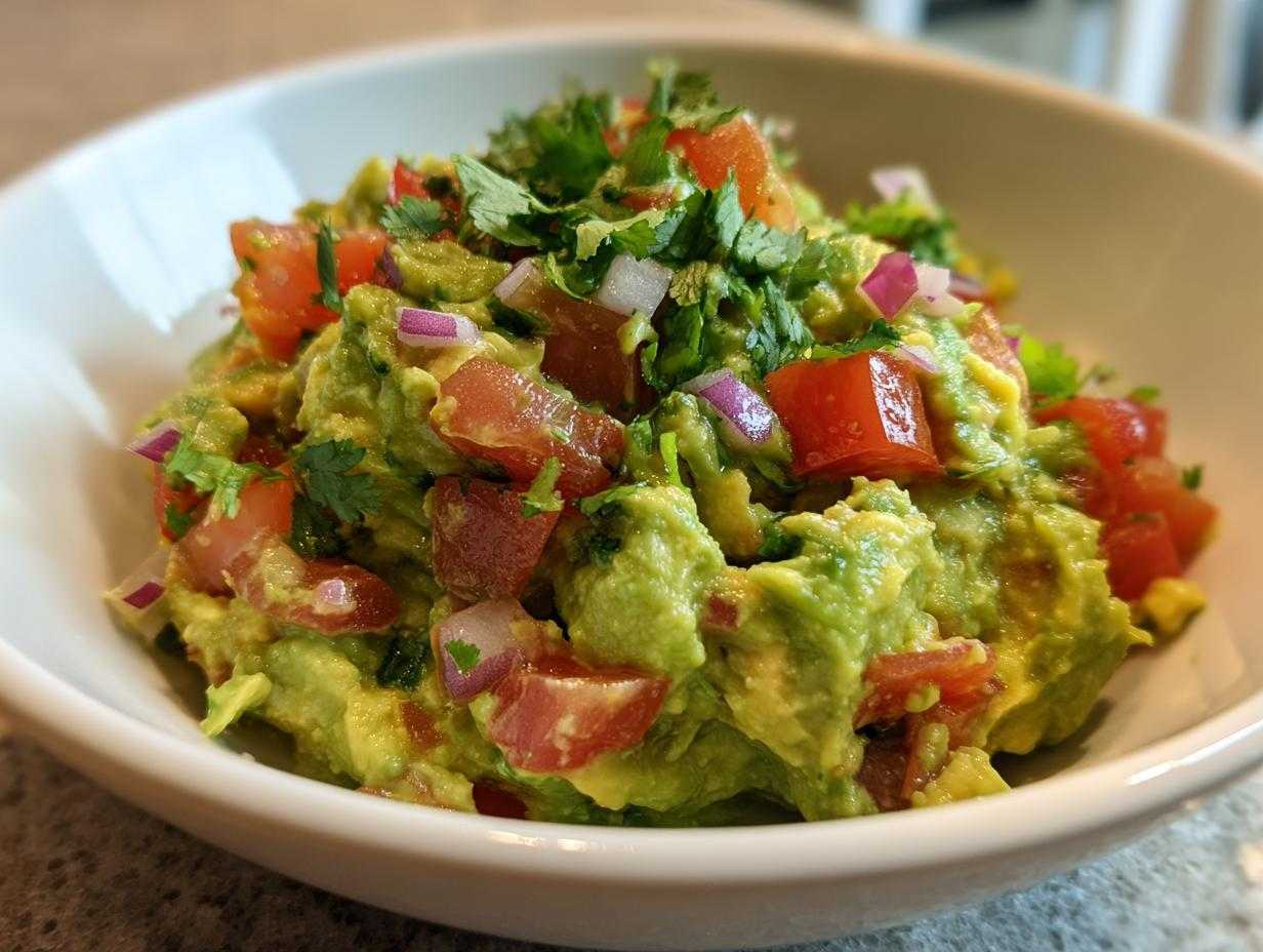 Zbliżenie na kremowe Guacamole w białej misce, posypane kawałkami pomidorów, czerwonej cebuli i kolendry.