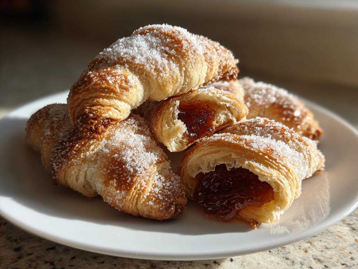 Stos puszystych Rogaliki krucho-drożdżowe posypanych cukrem, z widocznym nadzieniem dżemowym w przekrojonych rogalkach.