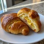 Dwa złociste rogaliki pizzowe, jeden przekrojony, ukazujący farsz z jajecznicy i kawałków szynki.