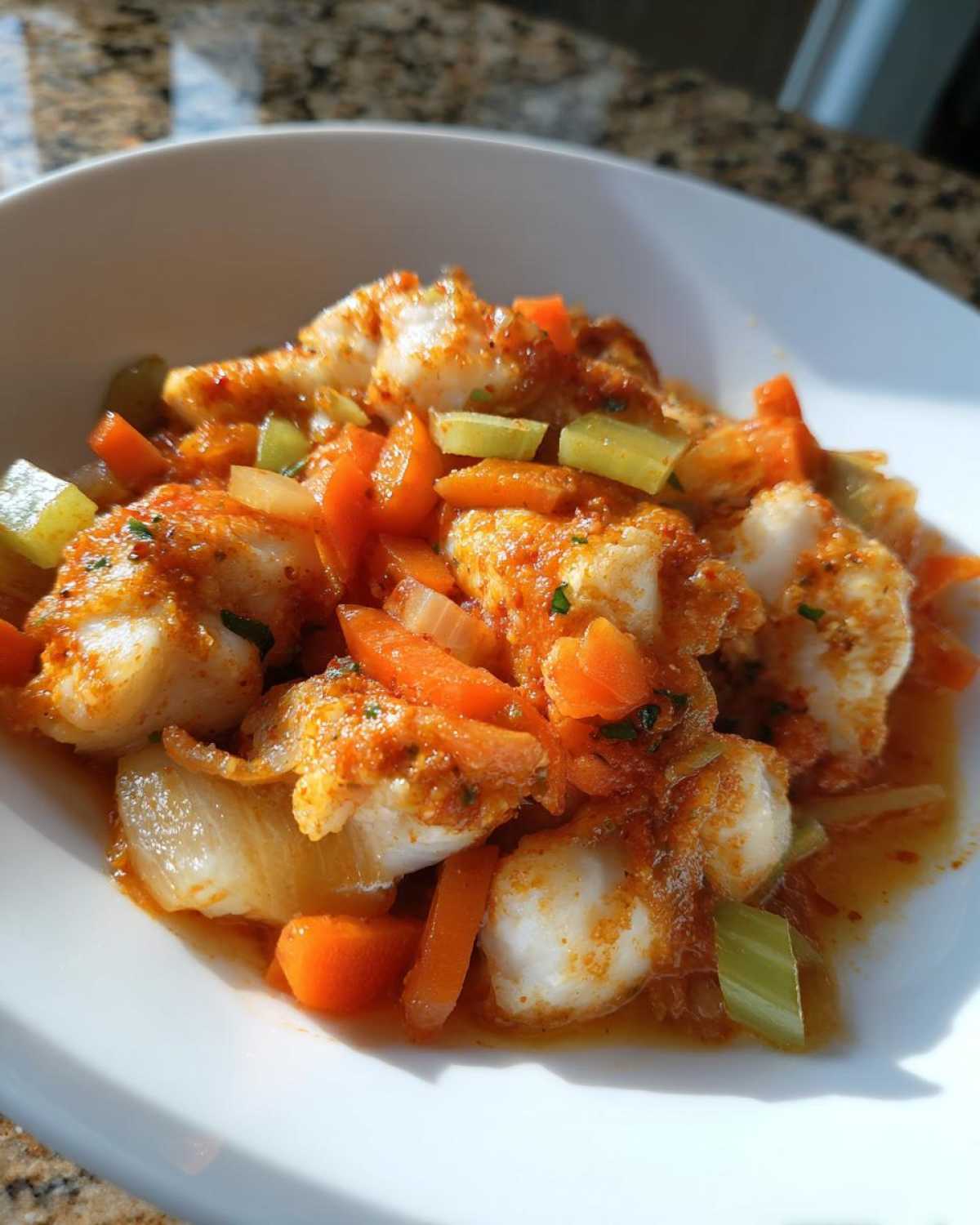 Kawałki białej ryby w sosie warzywnym z marchewką i selerem – Ryba po grecku na ciepło.