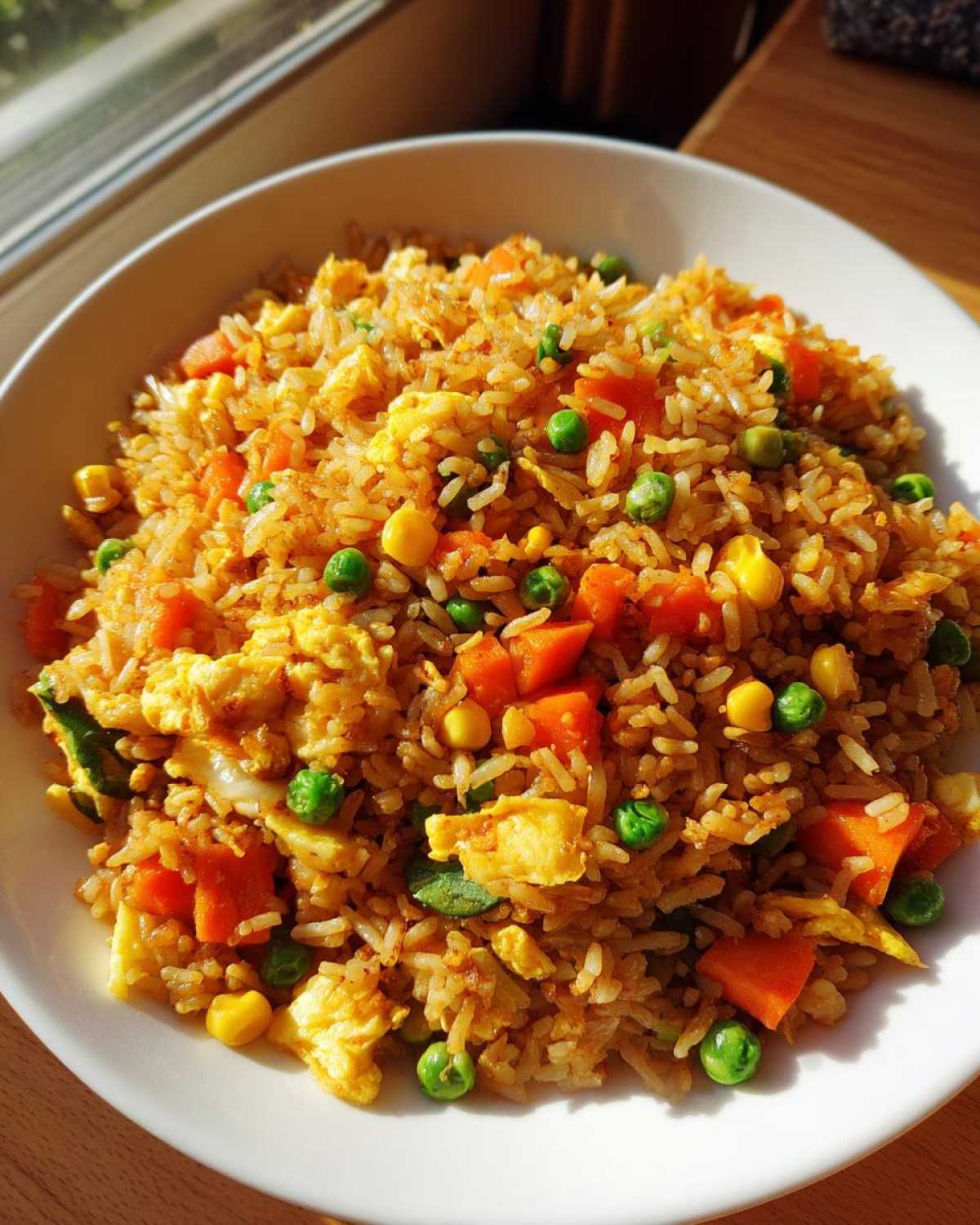 Zbliżenie na porcję Ryż smażony z warzywami, z widocznym jajkiem, groszkiem, marchewką i kukurydzą.