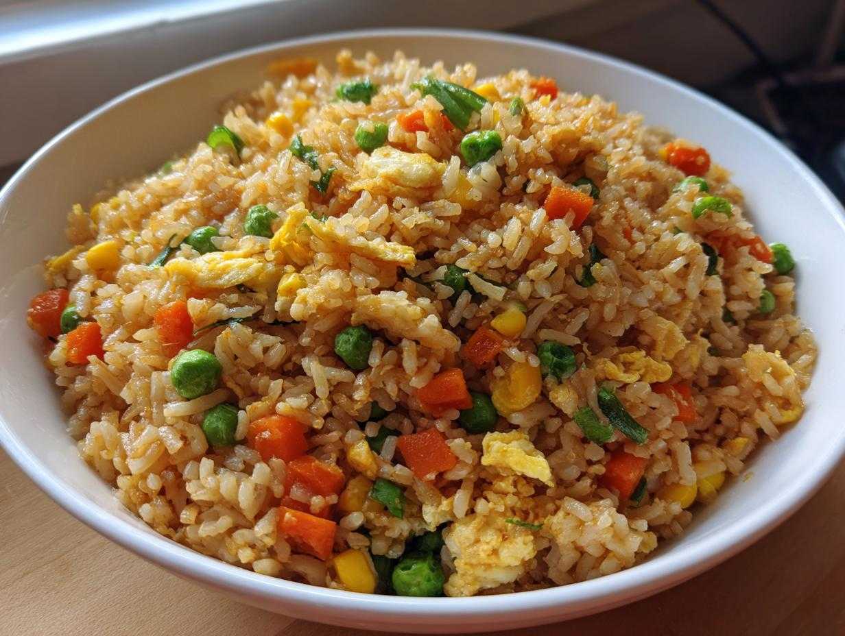 Zbliżenie na miskę pełną aromatycznego ryżu smażonego z warzywami, jajkiem i groszkiem.